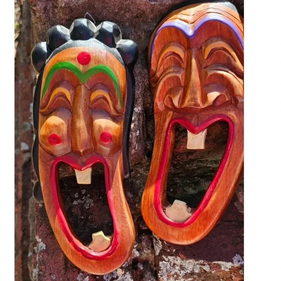 Vtg Comical Korean Hand Carved & Painted Hahoe Tal and Talchum Wood Masks 8 inch - Picture 2 of 7